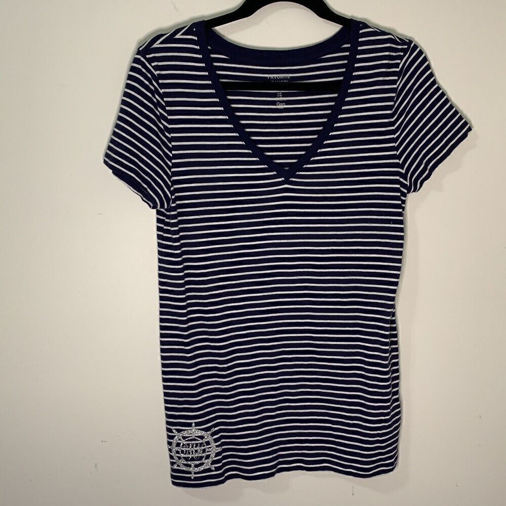 GAP Women's Favorite V-Neck T-Shirt Blue/White Striped Medium